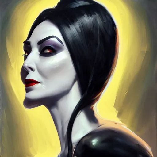 Image similar to greg manchess portrait painting of partially armored morticia from addams family as overwatch character, medium shot, asymmetrical, profile picture, organic painting, sunny day, matte painting, bold shapes, hard edges, street art, trending on artstation, by huang guangjian and gil elvgren and greg rutkowski