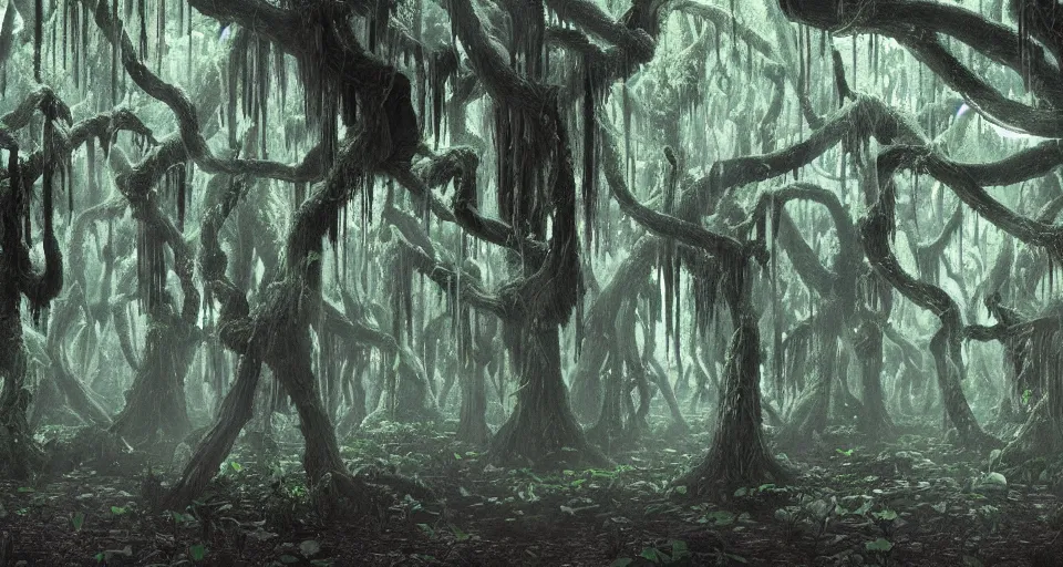 Image similar to A dense and dark enchanted forest with a swamp, by Hideaki anno