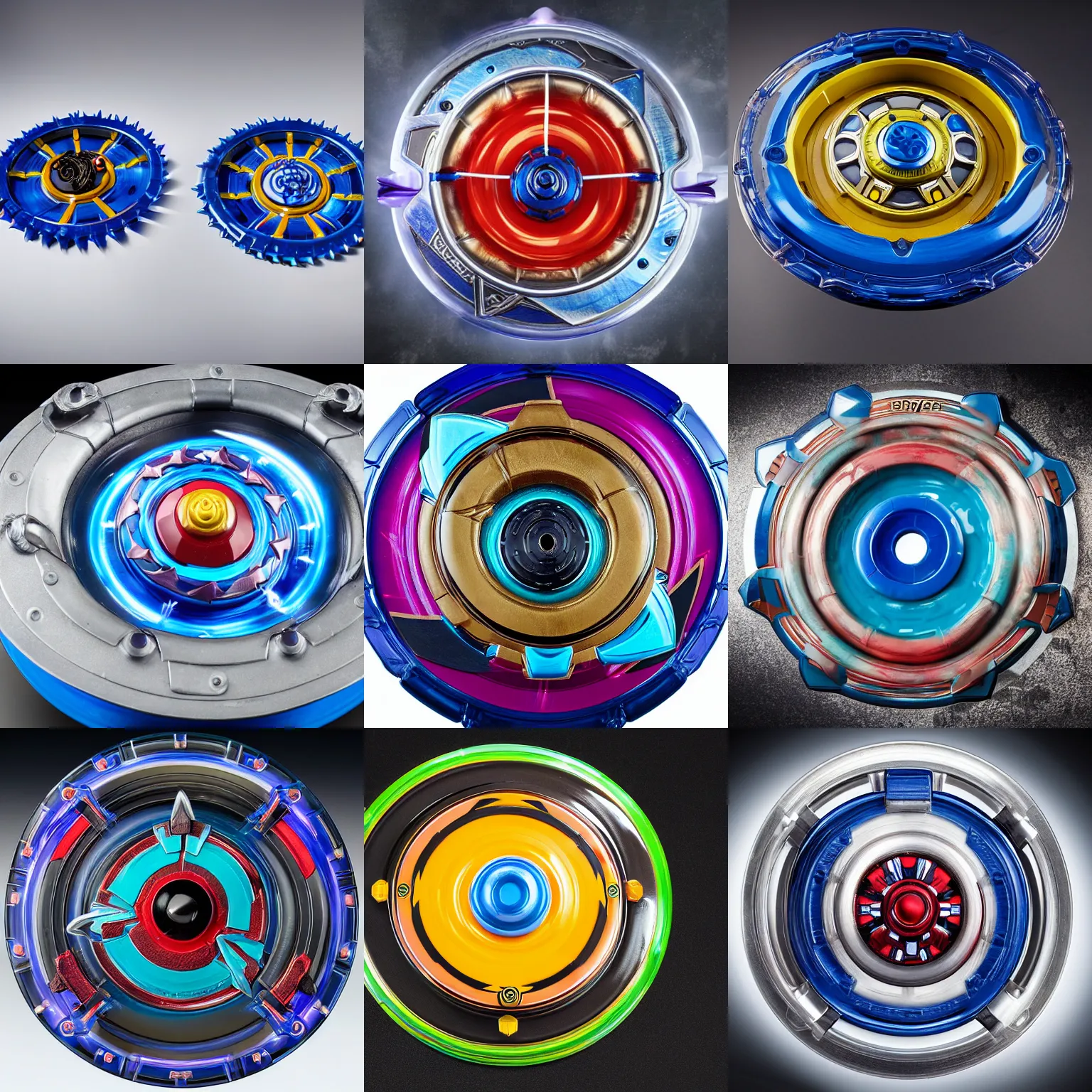 Prompt: beyblade burst product photo, studio photo, highly detailed, 4K, awesome beyblade shining designed by Hans Ruedi Giger