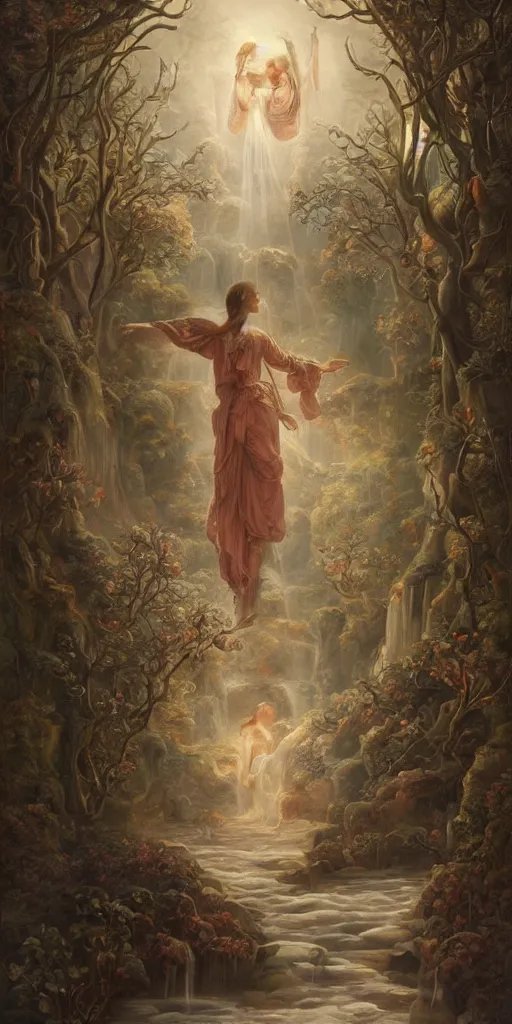 Image similar to a stunning and noble highly detailed romantic period style painting of the place where gods come into being by james jean, josep tapiro baro and harles sillem lidderdale, trending on artstation, oil painting masterpiece, symmetry, rule of thirds, mysterious