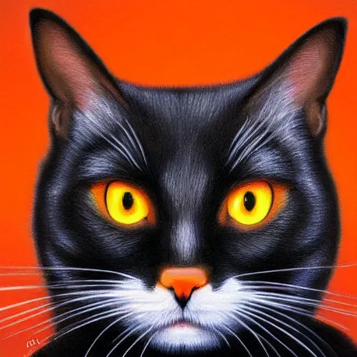 Image similar to an Hyper realistic artwork of a black orange-eyed cat by Jason de Graaf