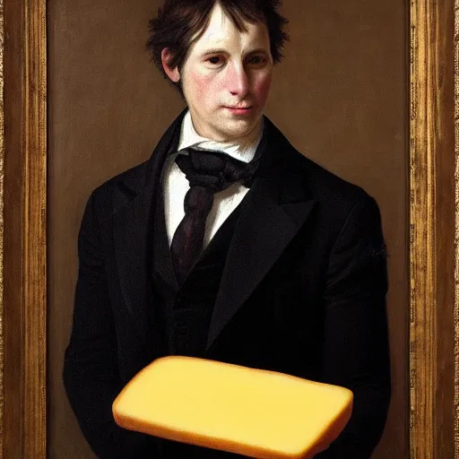 Image similar to portrait of a cat wearing a black suit jacket and holding a piece of cheese, tan vest, and white ascot, an american romanticism painting, a portrait painting, cgsociety, soft focus, oil on canvas