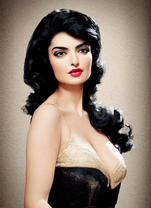 Prompt: ameera al taweel, blue eyes, wavy black hair, seductive, beautiful, attractive, elegant, alluring, by gil elvgren