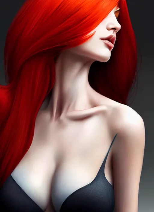 Image similar to photo of gorgeous woman with half white half red hair in the style of stefan kostic, realistic, half body shot, sharp focus, 8 k high definition, insanely detailed, intricate, elegant, art by stanley lau and artgerm, foggy backgeound