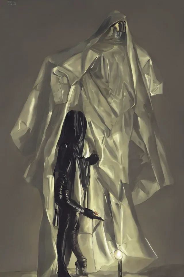 Image similar to digital fashion, androgynous person face covered, tactical poncho latex rags, techwear, iridiscent light, high key, cinematic lighting at night, neon, phil hale, boris vallejo, alberto mielgo, patrick o'keeffe