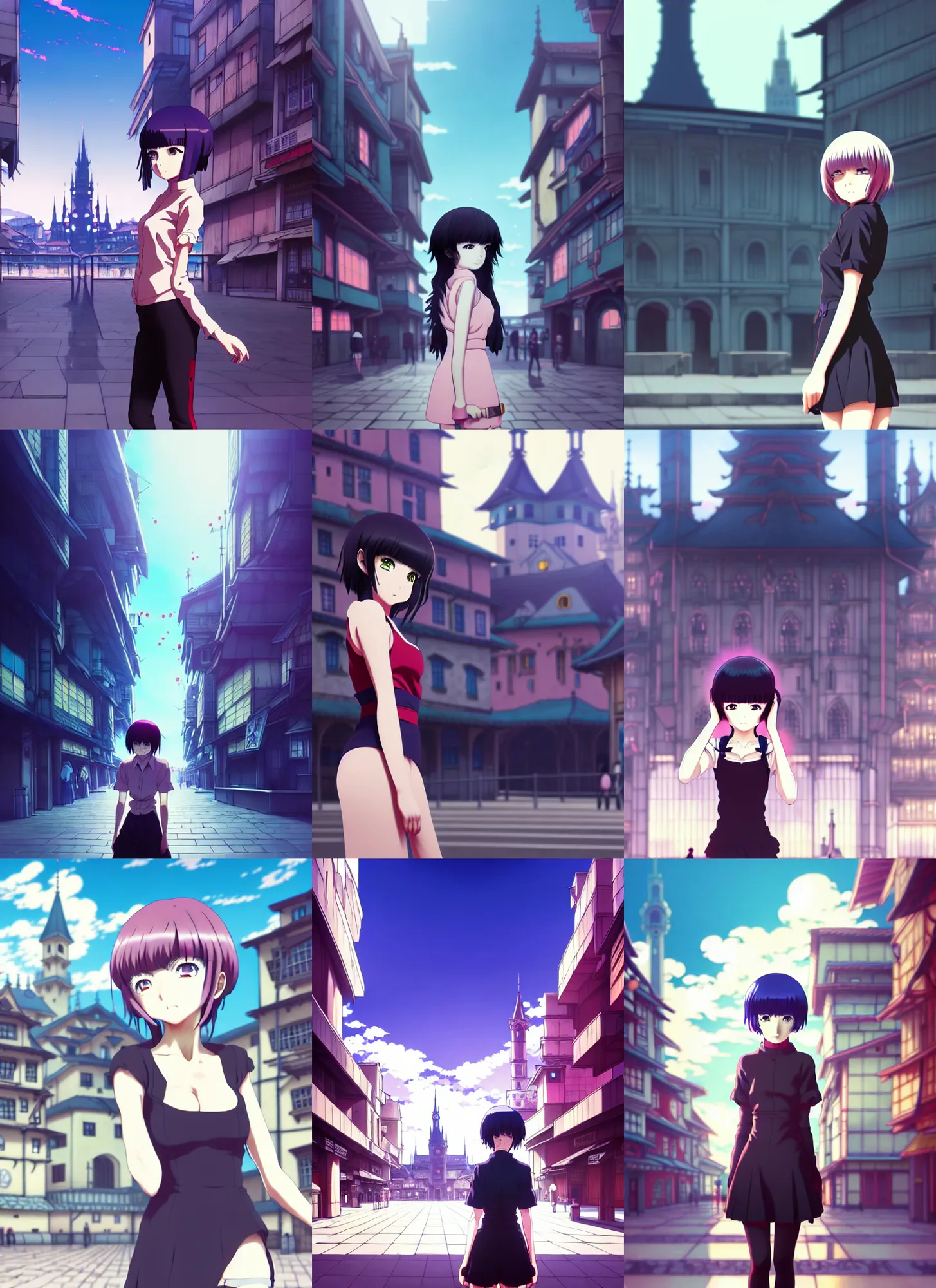 Prompt: anime frames, anime visual, full body portrait of a young woman in the medieval city square looking at the fantasy palace in the distance, cute face by ilya kuvshinov, ghost in the shell, dynamic pose, dynamic perspective, rounded eyes, moody, psycho pass, kyoani, yoh yoshinari
