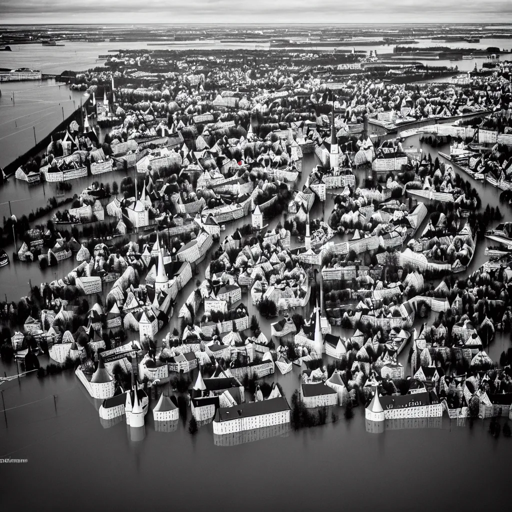 Prompt: Tallinn, capital of estonia, suffering from floods from the sea due to climate change in the year 2100, street photography by Henri Cartier-Bresson, ultra detailed, 8k,