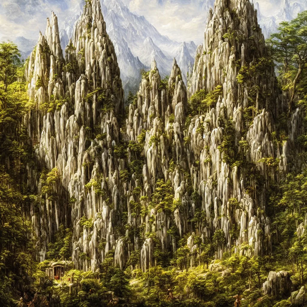 Prompt: A beautiful and highly detailed oil painting of beautiful elven temple in the mountains, detailed plants, trees and cliffs, rivendell, intricate details, sharp focus, hyper realism, 8k, by Caspar Friedrich,