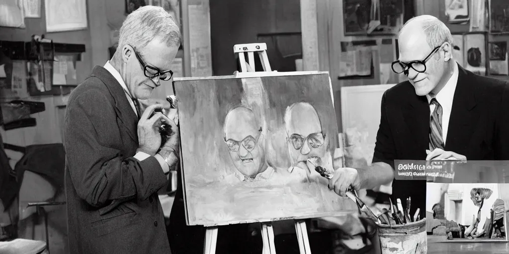 Prompt: david letterman, stands at a his easel, painting calvert grant deforest, aka larry bud melman