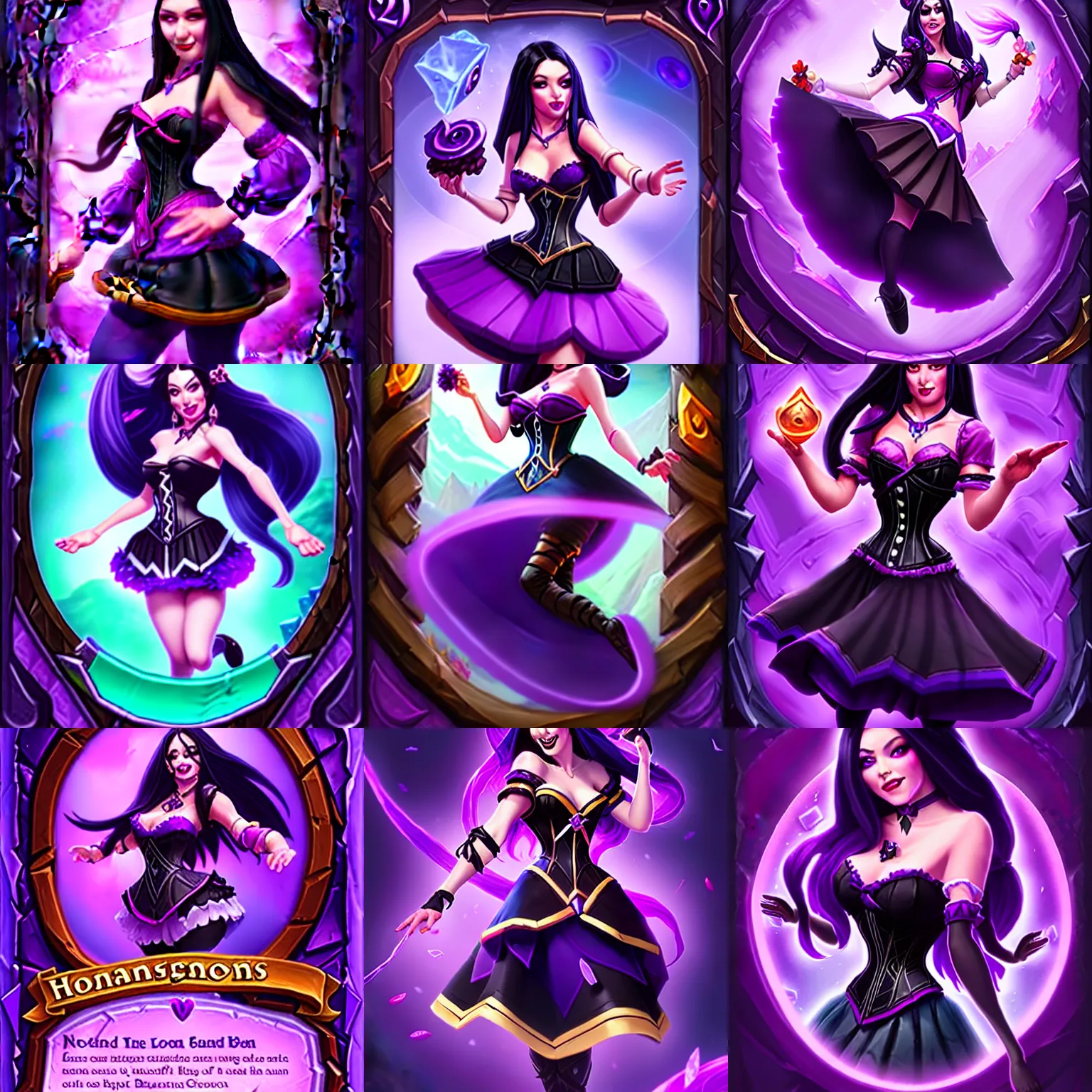 Prompt: a beautiful woman with long black hair, wearing a black corset top and a purple ballerina skirt, Hearthstone official splash art