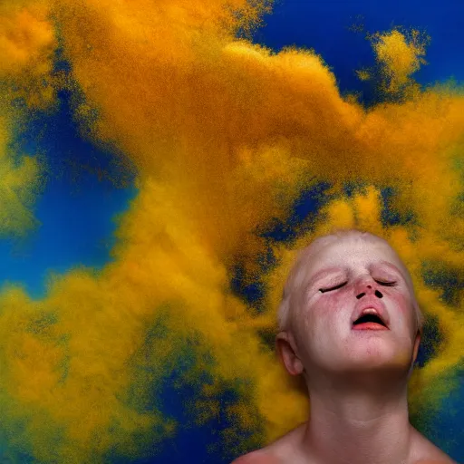 Image similar to crying girl, covered in yellow and blue clouds, by kim keever