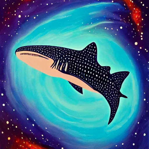 Image similar to gouache painting of a whale shark flying through a swirling, luminous nebula, elegant, ultra detailed