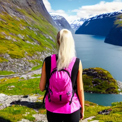 Image similar to a young woman with long pink hair looking at fjords, hiking clothes, tank top, backpack, norway, fjords in background, cinematic, beautiful, stunning, day time, epic, 8 k