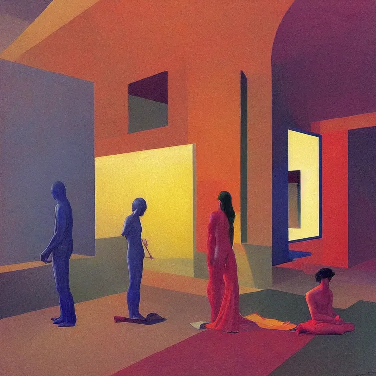 Image similar to rainbow people, Edward Hopper and James Gilleard, Zdzislaw Beksinski, highly detailed