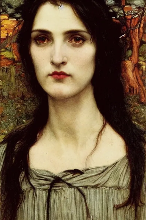 Image similar to A striking Pre-Raphaelite witch with intense eyes and jet black hair, by John Collier, by John William Waterhouse, John Everett Millais