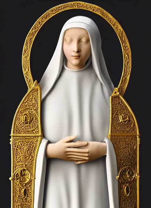 Image similar to a medieval female nun, elegant, filigree renaissance sculpture from gold, marble and fur, brilliant symmetry, created by verrocchio andrea, leonardo da vinci, sandro botticelli, raffaelle monti, epic 7 0 mm lens shot, artstation trending, photorealism, sharp focus, smooth, establishing shot, sense of awe