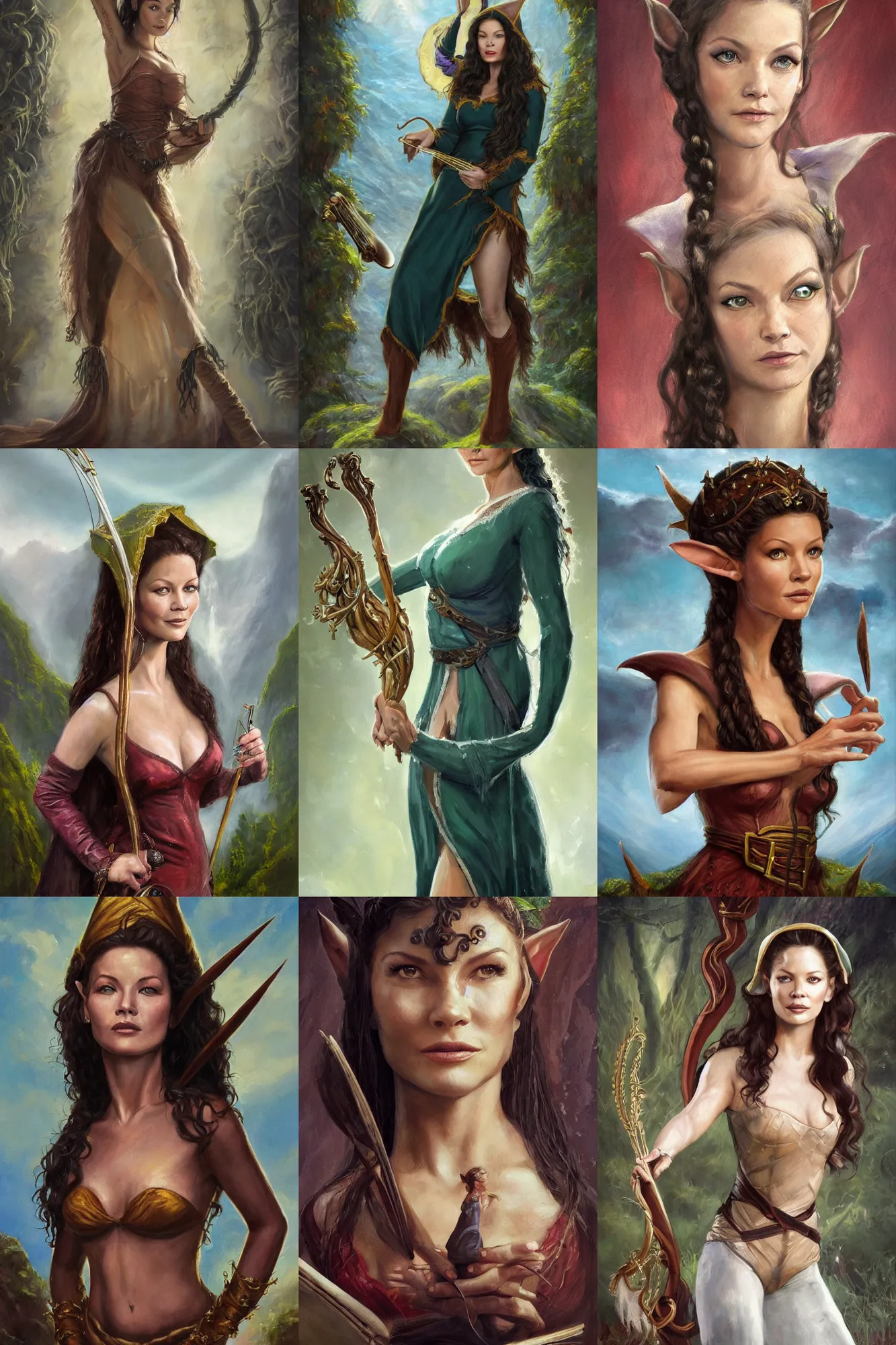 Image similar to a full body high detail fantasy portrait oil painting illustration of young catherine zeta - jones as a beautiful sophisticated singing bard elf by justin sweet with face and body clearly visible, in a scenic background, pupils visible, realistic proportions, d & d, rpg, forgotten realms, artstation trending, high quality, sombre mood, artstation trending, muted colours, entire person visible!