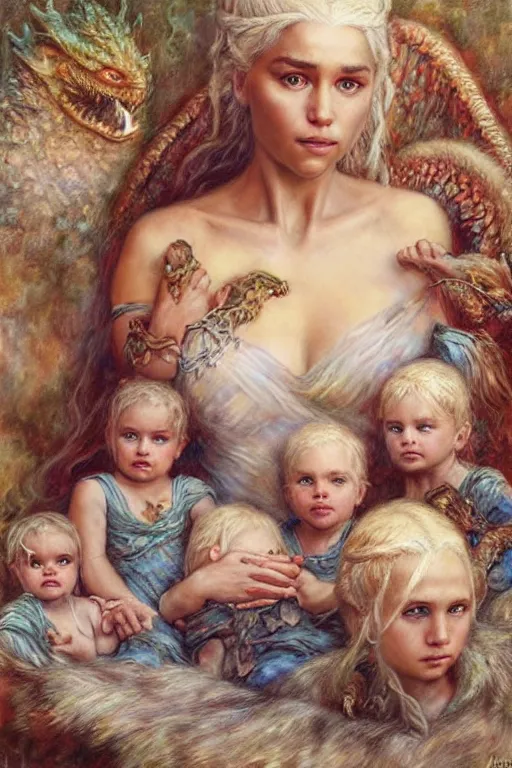 Image similar to portrait of daenerys targaryen surrounded by three baby dragons. art by gaston bussiere and tomacz alen kopera.