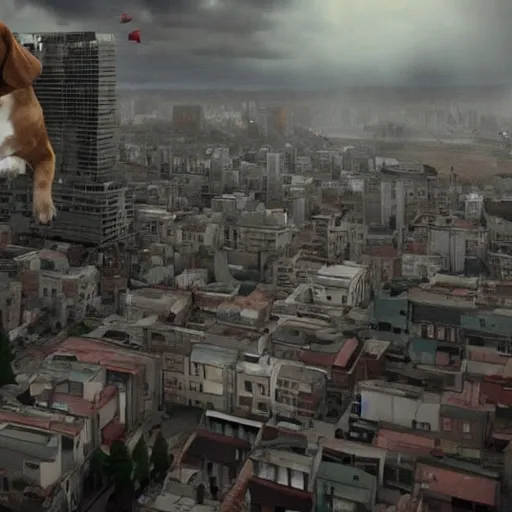 Prompt: gigantic 1 0 0 meters beagle dog attacking a city, epic cinematic, 4 k, very high detail