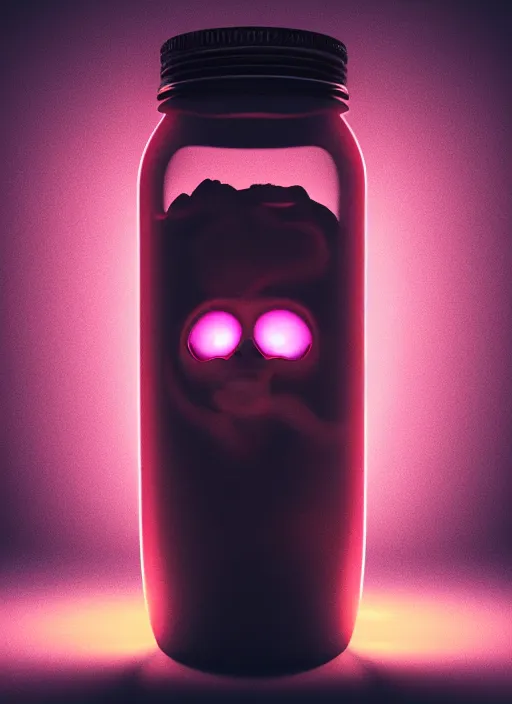 Prompt: spooky Jar holding a Ghost and pink ectoplasm, product shot, macro, hyper realistic, sunset, octane render, raytracing, trending on artstation, artstationHD, artstationHQ, unreal engine, 4k, 8k