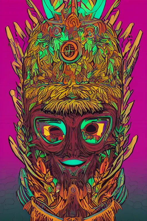 Image similar to animal mask totem roots flower tribal feather gemstone plant wood rock shaman vodoo video game vector cutout illustration vivid multicolor borderlands comics by josan gonzales and dan mumford radiating a glowing aura