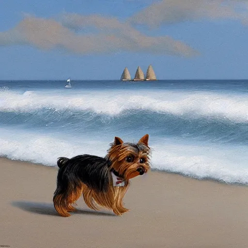 Image similar to a Yorkshire terrier at the beach wearing a bow tie, extremely detailed masterpiece, illustration, by Michael Sowa,