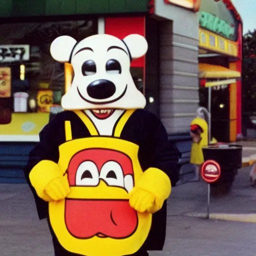 Image similar to The mascot for a once-popular fast food chain, 1990, colour photography