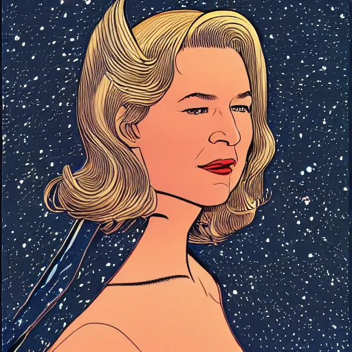 Image similar to renee zellweger retro minimalist portrait moebius starwatcher comic by jean giraud, 8 k