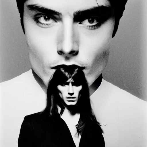 Image similar to stunning symmetrical portrait of alain delon in front of a ( ( ( tall moog!!!!!!!! synthesizer ) ) ), high contrast grainy blank and white photography print ilford warm tone