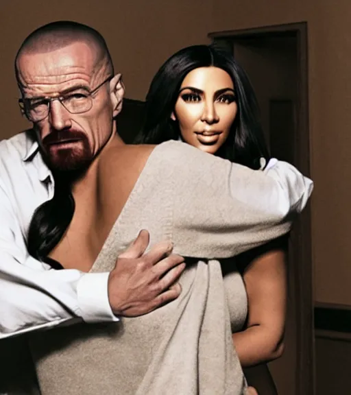 Prompt: Walter White hugging kim kardashian romanticly his hands on her waist, in a derelict mafia mansion