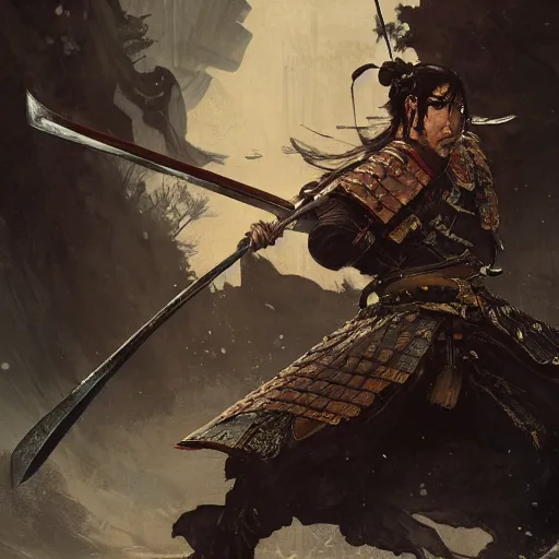 Image similar to A samurai with his sword in a defensive stance, D&D, fantasy, intricate, cinematic lighting, highly detailed, digital painting, artstation, concept art, smooth, sharp focus, illustration, art by Akihiko Yoshida, Greg Rutkowski and Alphonse Mucha