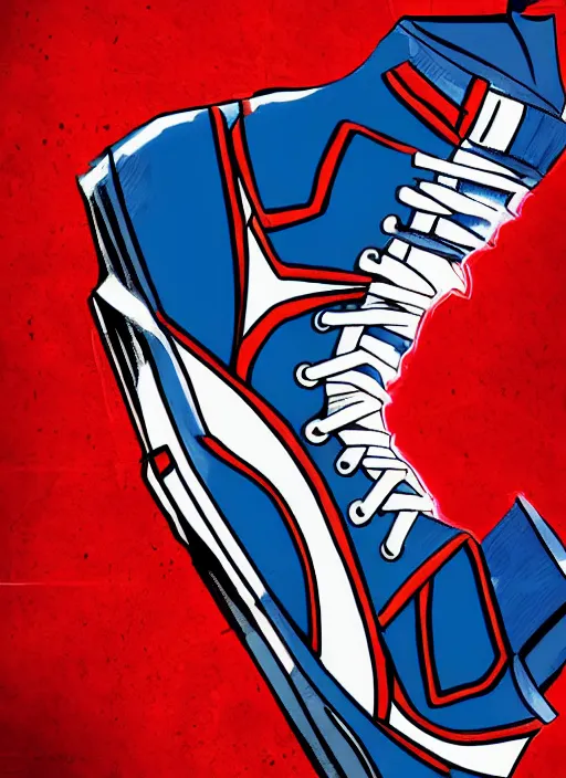 Prompt: basketball sneaker of Captain America, view from the side, comics book cover style