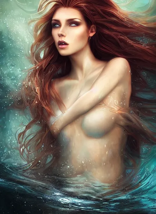 Image similar to a beautiful woman underwater mermaid, 8 k, sensual, hyperrealistic, hyperdetailed, beautiful face, long hair windy, dark fantasy, fantasy portrait by laura sava