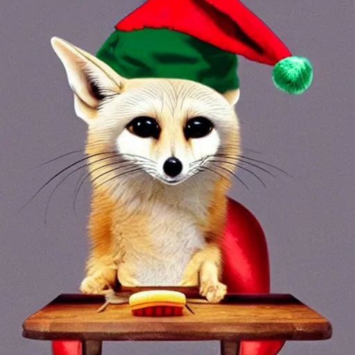 Prompt: fennec fox wearing a santa hat. they are sat at a fancy table eating cheese from a plate