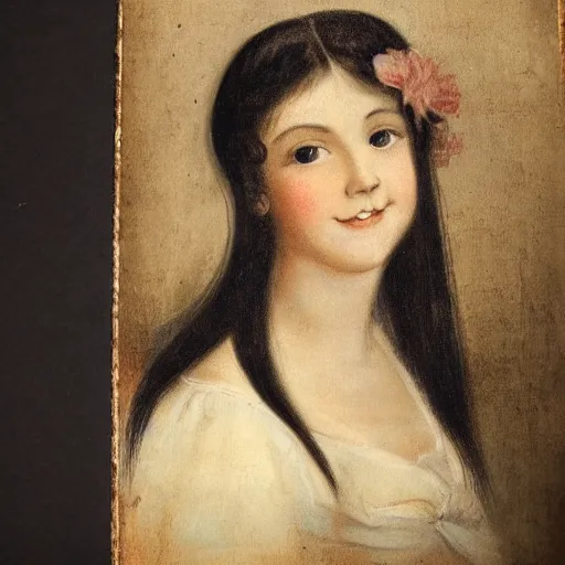 Prompt: antique daguerrotipe portrait of a beautiful girl, black hair, clear eyes, open smile