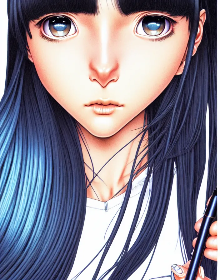 Image similar to extremely detailed color ink pen  illustration depicting an extreme close up face of a dainty young truant android female stoner prep highschool school student with medium length silky straight iridescent black hair and lightly suntanned skin, illustrated by Artgerm and Range Murata.