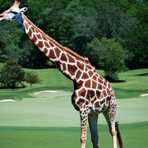 Prompt: Giraffe in a polo at a golf course