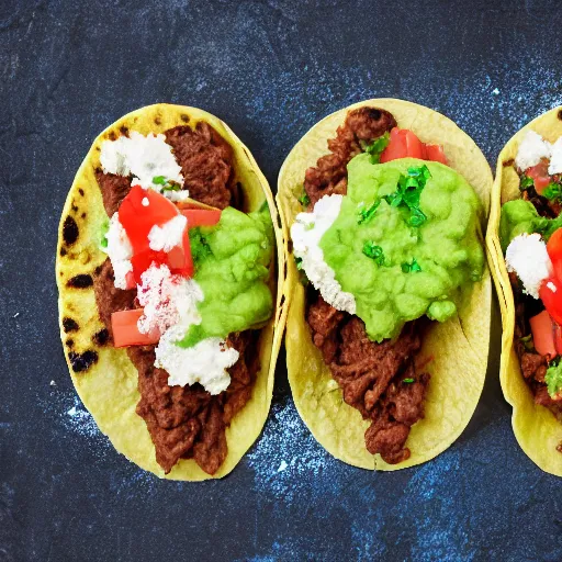 Prompt: tacos filled with dirt and slime. rotten refried beans. moldy elote. 4k, hdr, lighting, weather, high resolution camera shot, digital art.