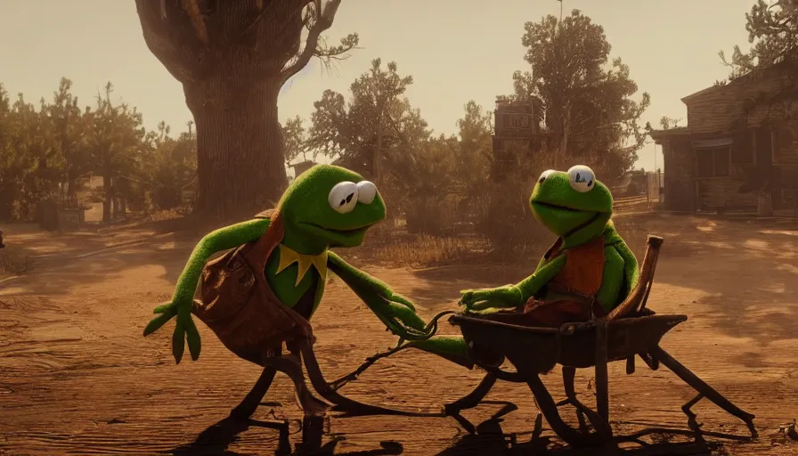 Prompt: Kermit the frog in Red Dead Redemption 2, hyperdetailed, artstation, cgsociety, 8k