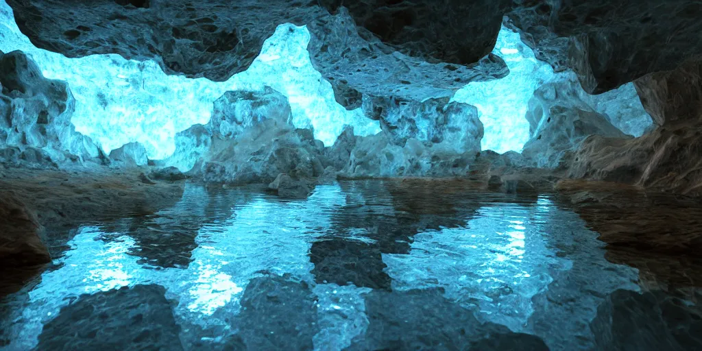 Image similar to cavern underground, crystal, vivid, water, puddles, rocky, minerals, volumetric lighting