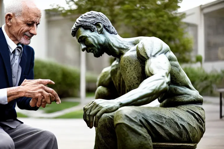 Image similar to a man who is sitting upright in a chair is touching a completed statue