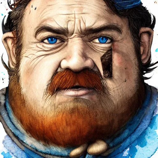 Image similar to dwarf shaman man, in love, happy, wearing blue and brown medieval robe, WLOP, artgerm, Jason Chan, Charlie Bowater, Sergey Kolesov, medieval, fantasy d&d, watercolor on paper, hyper detail portrait, closeup on face, dark pastel castle background