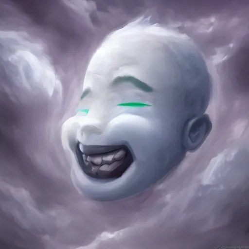 Image similar to cloud!!!!! homogeneous to a ( ( ( ( ( ( human face ) ) ) ) ) ), grinning sinisterly, pareidolia art style, trending on artstation, 4 k quality