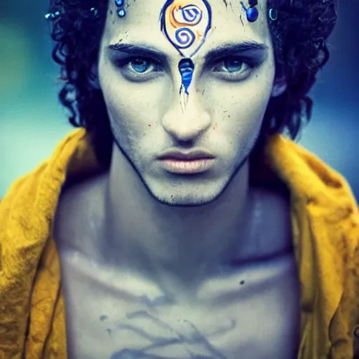 Image similar to greek god, three eyed, third eye in middle of forehead, wide shot, dry, in water, colors, eye in forehead, pins, very detailed, wet eyes reflecting into eyes reflecting into infinity, beautiful lighting