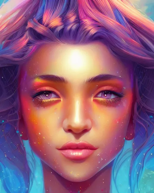 Image similar to summer vibes, beautiful sun tanned goddess portrait, flowy rainbow hair, sun, summer, cinematic lighting, highly detailed, digital painting, trending on artstation, pixiv, concept art, sharp focus, illustration, art by ross tran and wlop