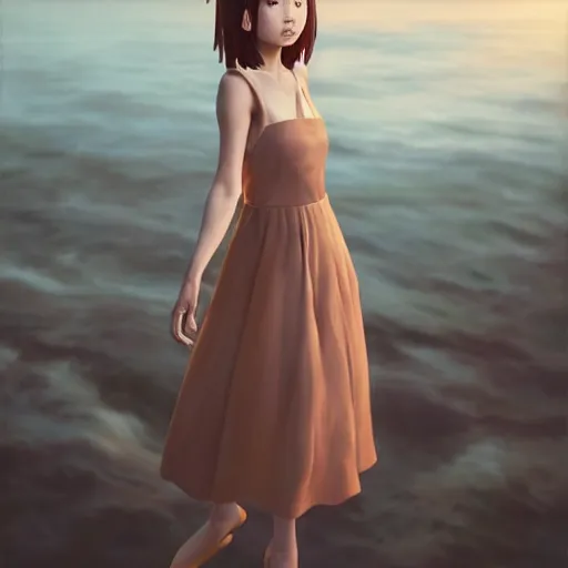 Image similar to clothed, worksafe. instagram photo, kodak portra. by wlop, ilya kuvshinov, krenz cushart, greg rutkowski, trending on pixiv. zbrush sculpt, octane, maya, houdini, vfx. full body portrait of a japanese junior idol, summer dress. oil painting. cinematic dramatic atmosphere, sharp focus, volumetric lighting.