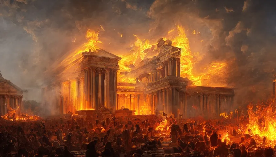 Prompt: Baroque painting of a gigantic Roman temple on fire, hyperdetailed, artstation, cgsociety, 8k