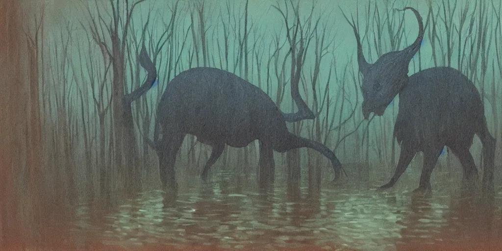 Prompt: painting of a strange creature in a murky swamp, muted colors, creepy