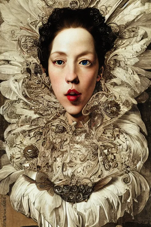 Image similar to Detailed maximalist portrait with large lips and with large eyes, surprised expression, HD mixed media, 3D collage, highly detailed and intricate illustration in the style of Caravaggio, dark art, baroque