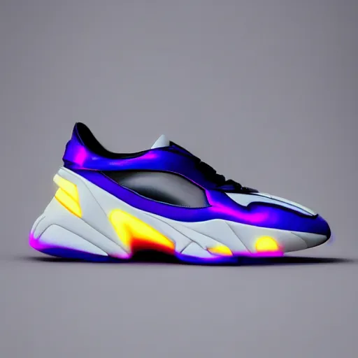 Prompt: futuristic sneakers based off bmw 8 i, insanely integrate, procuct photo for fashion magazine, neon purple light from above